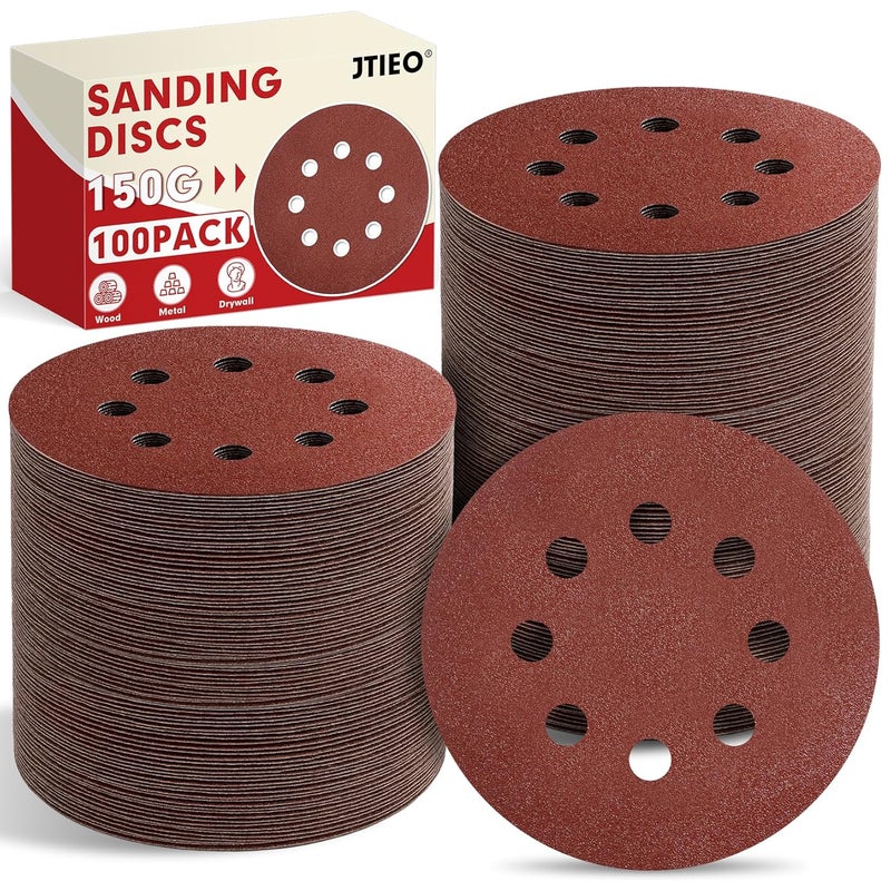 JTIEO 100PCS Sanding Discs 5 Inch, 150 Grit Orbital Sander Pads, Hook & Loop Sandpaper Pads, 8 Hole Round Sanding Discs for Random Orbital Sanders - Image 1